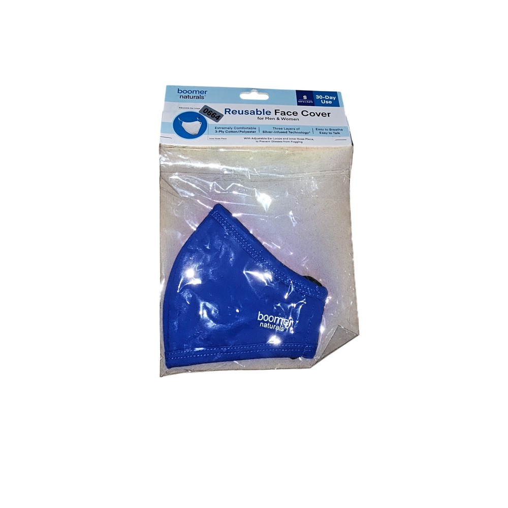 Boomer Naturals Reusable Face Cover Blue Silver Infused 3-Ply Mask Small 664-670